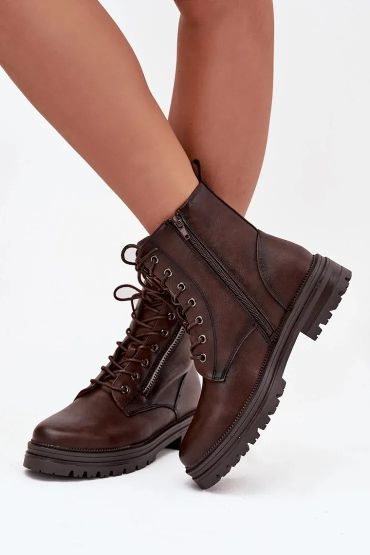 Damskie Boto Botki Workery Damskie Ocieplane Czekoladowe Ivonelle