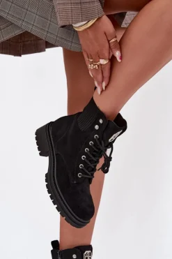 Damskie Boto Botki Workery Damskie Ocieplane Z Ozdobami Czarne Olivira