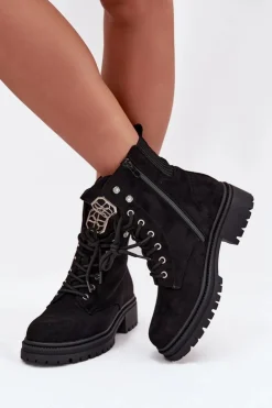 Damskie Boto Botki Workery Damskie Ocieplane Z Ozdobami Czarne Olivira