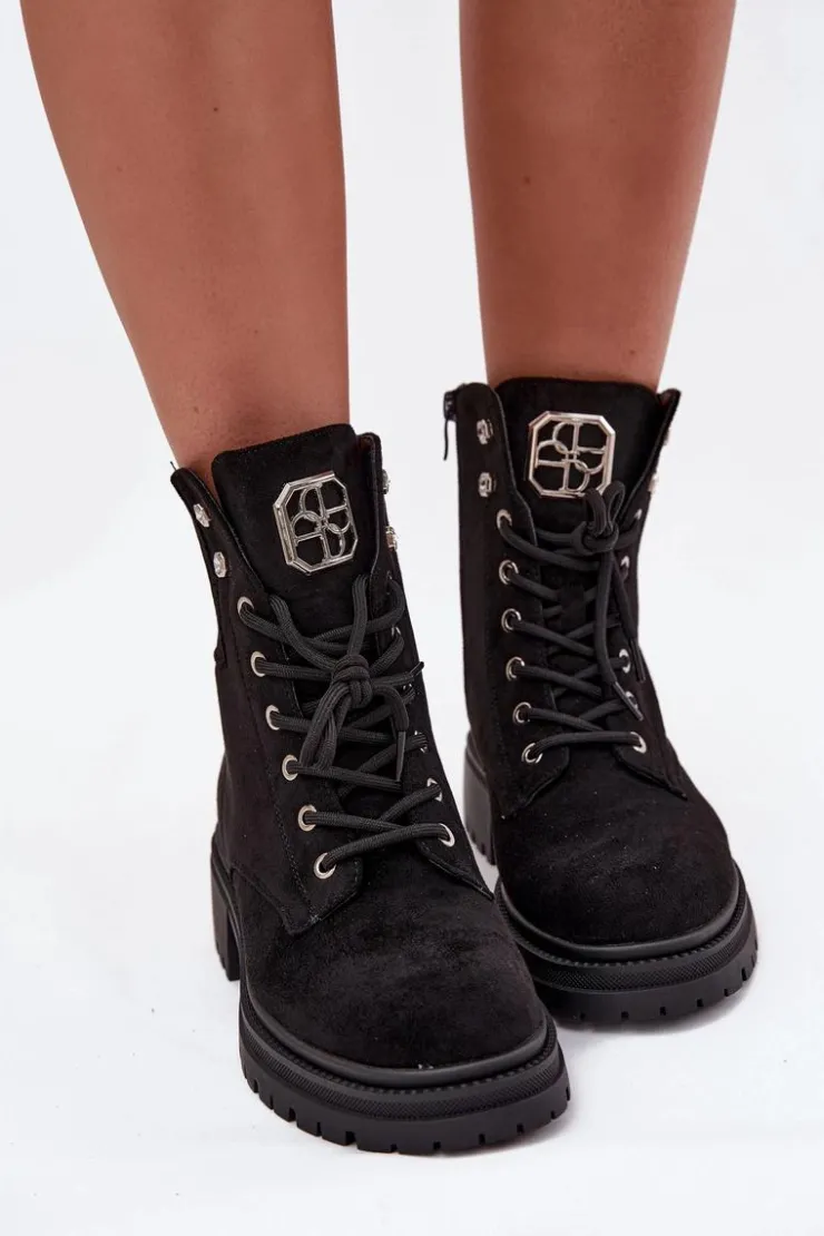 Damskie Boto Botki Workery Damskie Ocieplane Z Ozdobami Czarne Olivira