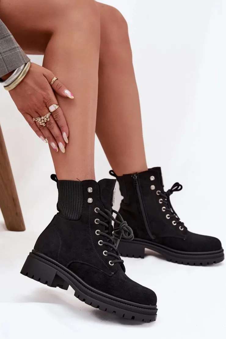 Damskie Boto Botki Workery Damskie Ocieplane Z Ozdobami Czarne Olivira