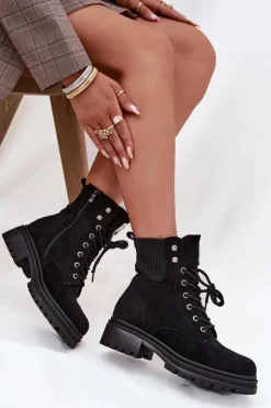 Damskie Boto Botki Workery Damskie Ocieplane Z Ozdobami Czarne Olivira