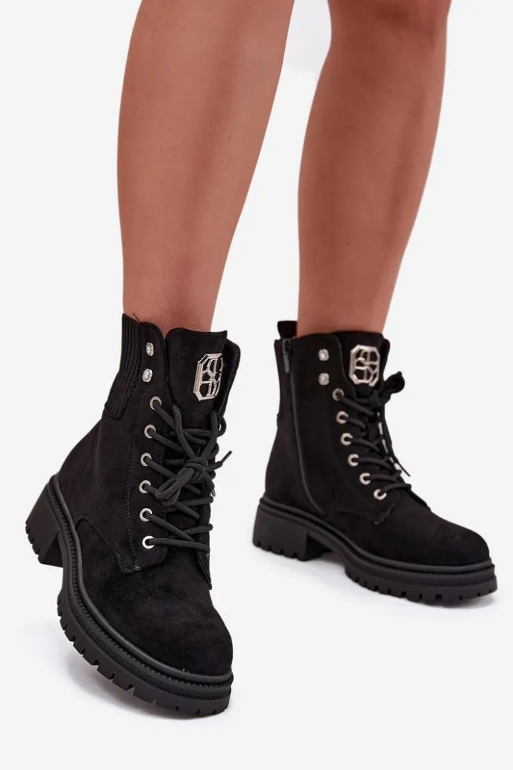 Damskie Boto Botki Workery Damskie Ocieplane Z Ozdobami Czarne Olivira