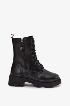 Boto Botki Ocieplane|Botki Sznurowane*Botki Workery Damskie Ocieplane Z Podwójnym Zamkiem Czarne Perlina