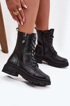 Boto Botki Ocieplane|Botki Sznurowane*Botki Workery Damskie Ocieplane Z Podwójnym Zamkiem Czarne Perlina