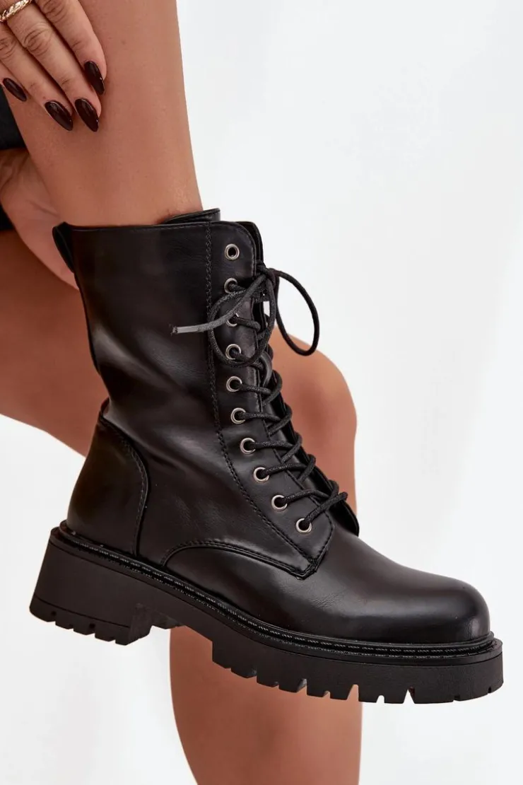 Boto Botki Ocieplane|Botki Sznurowane*Botki Workery Damskie Z Eko Skóry Czarne Calesia