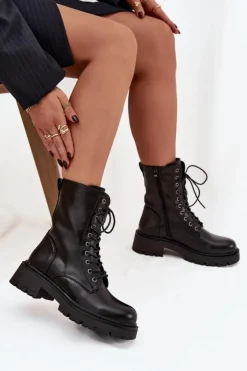 Boto Botki Ocieplane|Botki Sznurowane*Botki Workery Damskie Z Eko Skóry Czarne Calesia