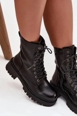 Boto Botki Ocieplane|Botki Sznurowane*Botki Workery Damskie Z Eko Skóry Czarne Calesia