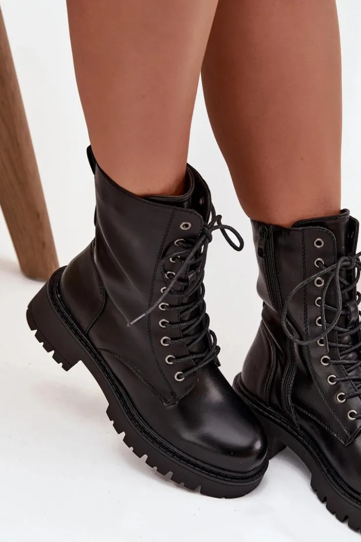 Boto Botki Ocieplane|Botki Sznurowane*Botki Workery Damskie Z Eko Skóry Czarne Calesia