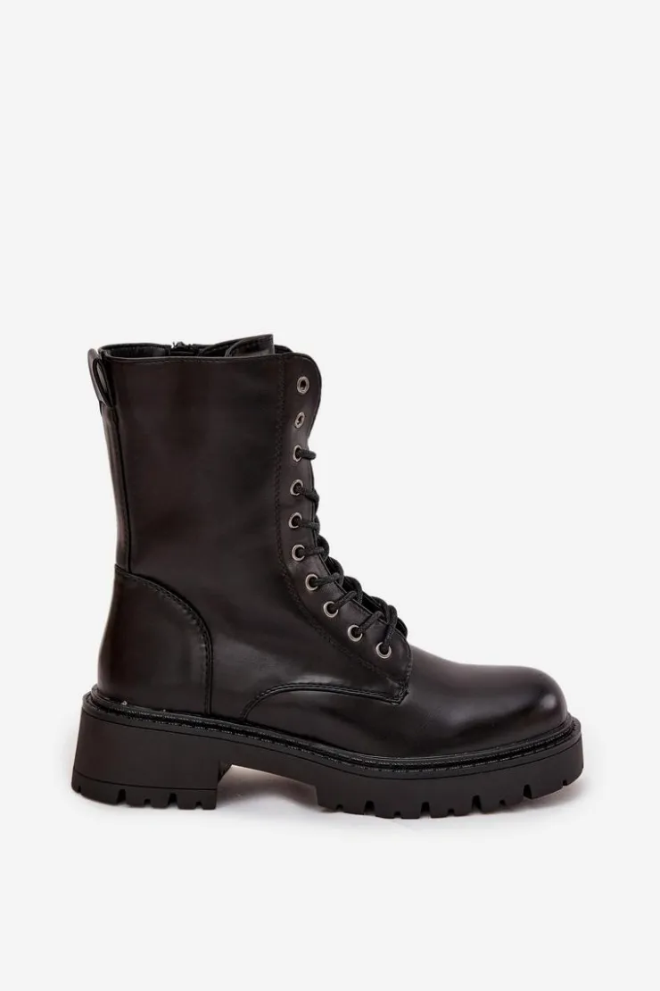 Boto Botki Ocieplane|Botki Sznurowane*Botki Workery Damskie Z Eko Skóry Czarne Calesia