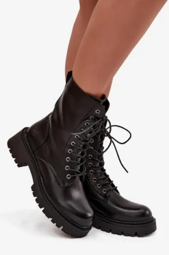 Boto Botki Ocieplane|Botki Sznurowane*Botki Workery Damskie Z Eko Skóry Czarne Calesia