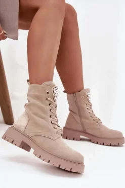 Boto Botki Workery Damskie Z Kryształkami Na Języku Jasnobeżowe Rosira Beżowy
