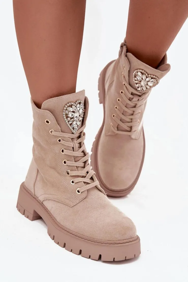 Boto Botki Workery Damskie Z Kryształkami Na Języku Jasnobeżowe Rosira Beżowy
