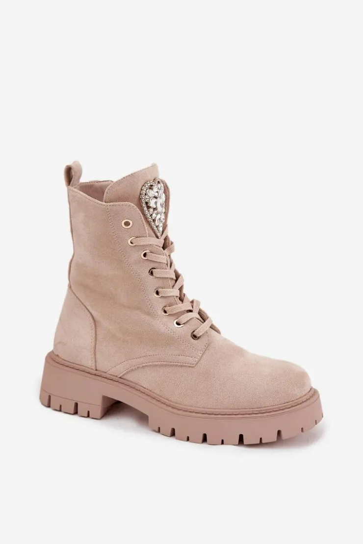 Boto Botki Workery Damskie Z Kryształkami Na Języku Jasnobeżowe Rosira Beżowy