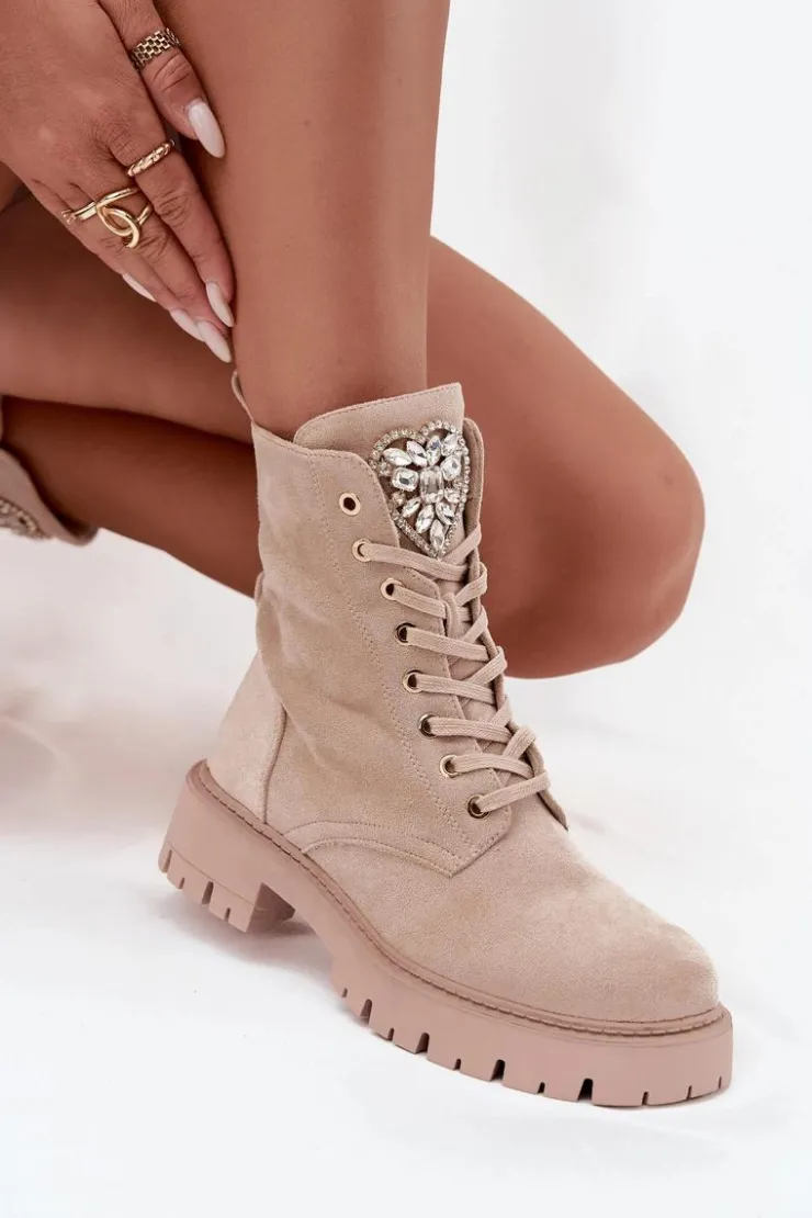 Boto Botki Workery Damskie Z Kryształkami Na Języku Jasnobeżowe Rosira Beżowy