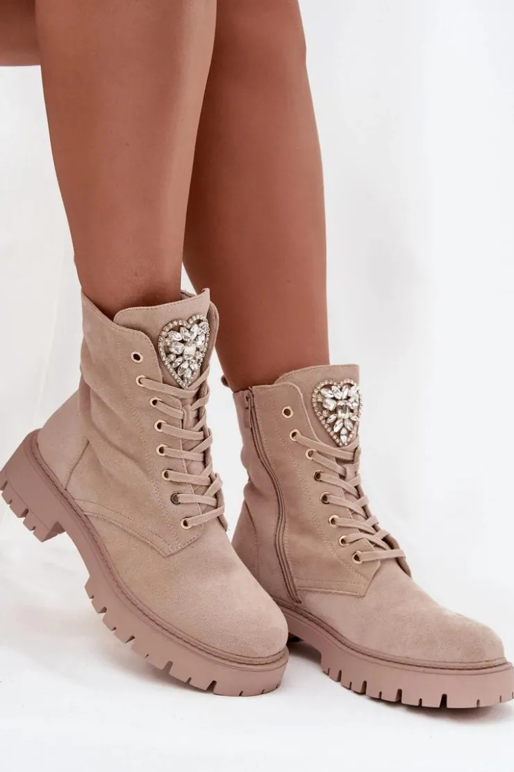 Boto Botki Workery Damskie Z Kryształkami Na Języku Jasnobeżowe Rosira Beżowy