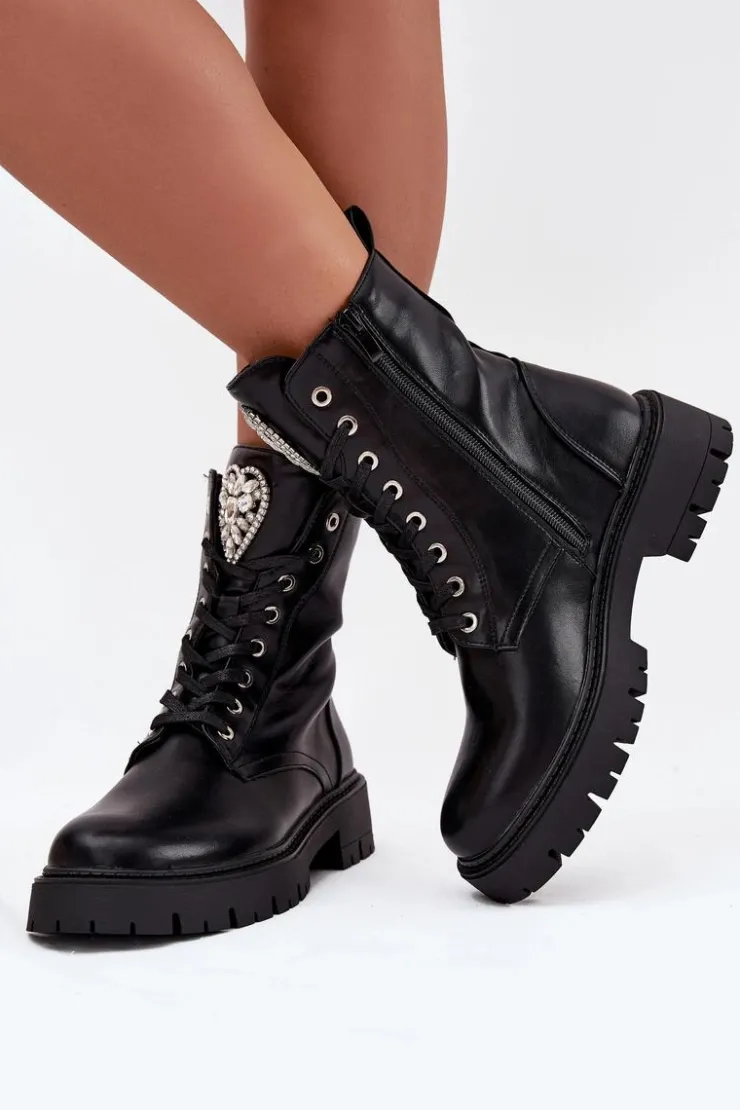 Sale Boto Botki Workery Damskie Z Kryształkami Na Języku Czarne Rosira