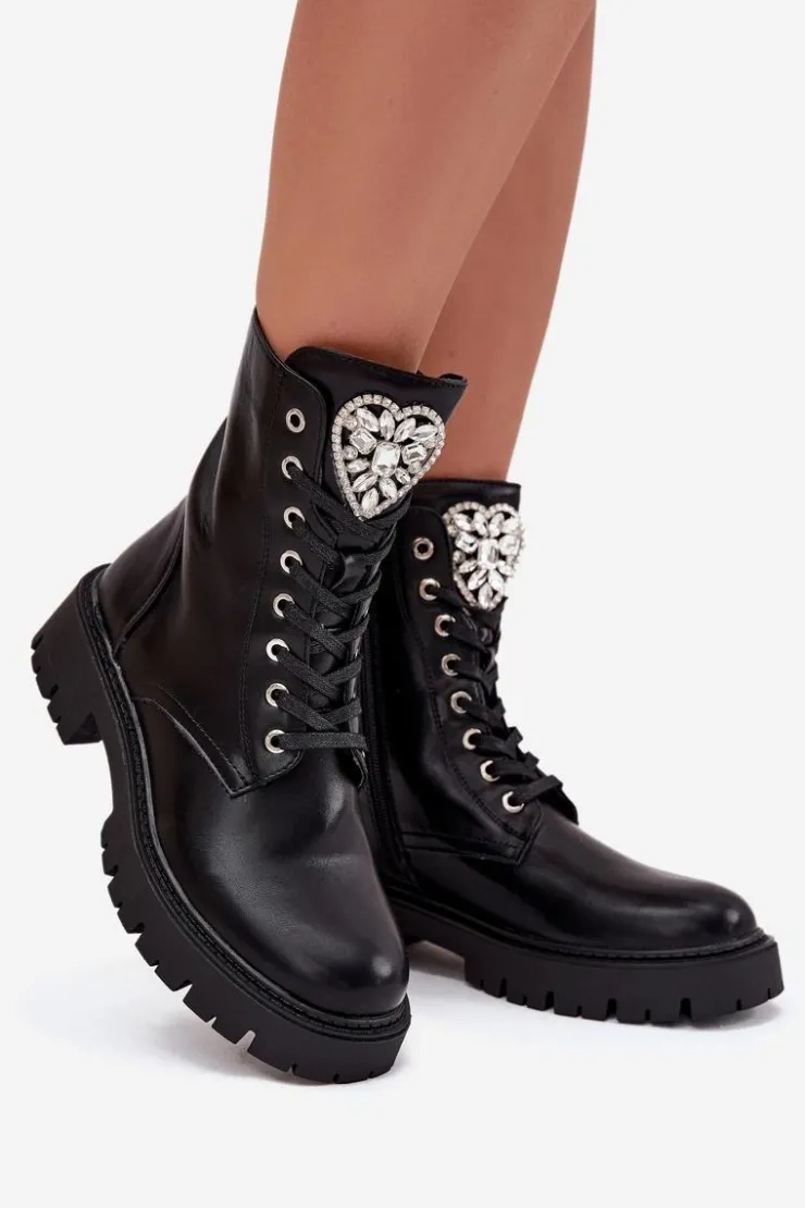 Sale Boto Botki Workery Damskie Z Kryształkami Na Języku Czarne Rosira