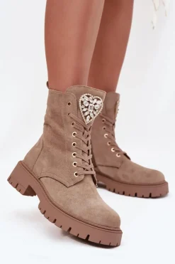 Damskie Boto Botki Workery Damskie Z Kryształkami Na Języku Beżowe Rosira