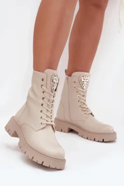 Damskie Boto Botki Workery Damskie Z Kryształkami Na Języku Jasnobeżowe Rosira