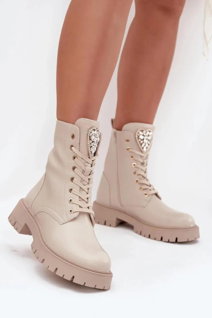 Damskie Boto Botki Workery Damskie Z Kryształkami Na Języku Jasnobeżowe Rosira