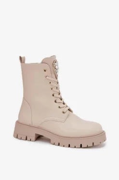 Damskie Boto Botki Workery Damskie Z Kryształkami Na Języku Jasnobeżowe Rosira