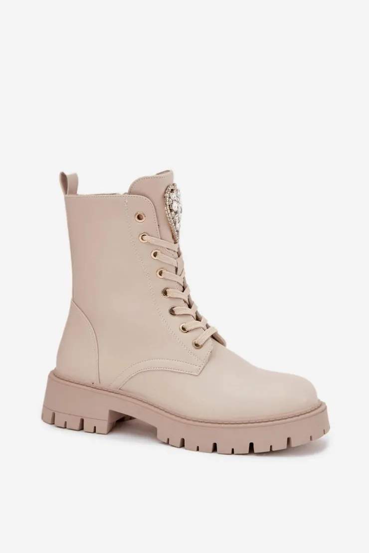 Damskie Boto Botki Workery Damskie Z Kryształkami Na Języku Jasnobeżowe Rosira