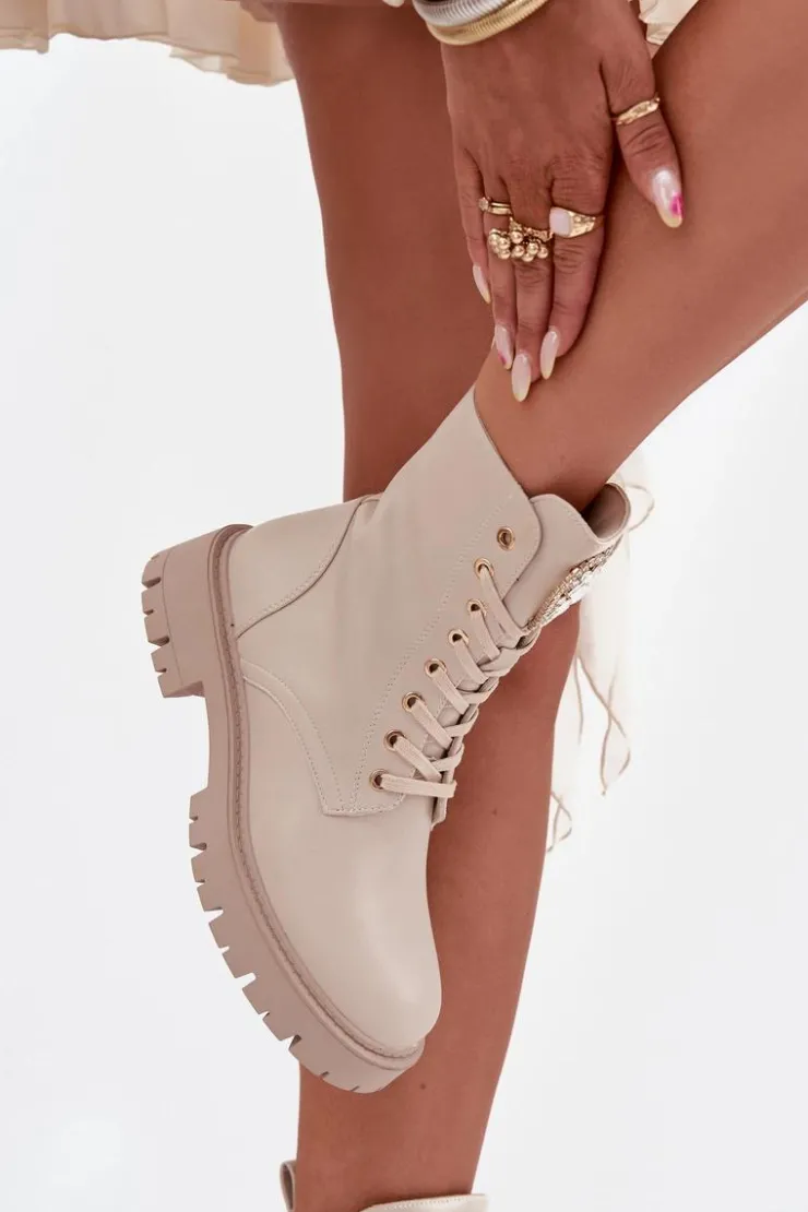 Damskie Boto Botki Workery Damskie Z Kryształkami Na Języku Jasnobeżowe Rosira