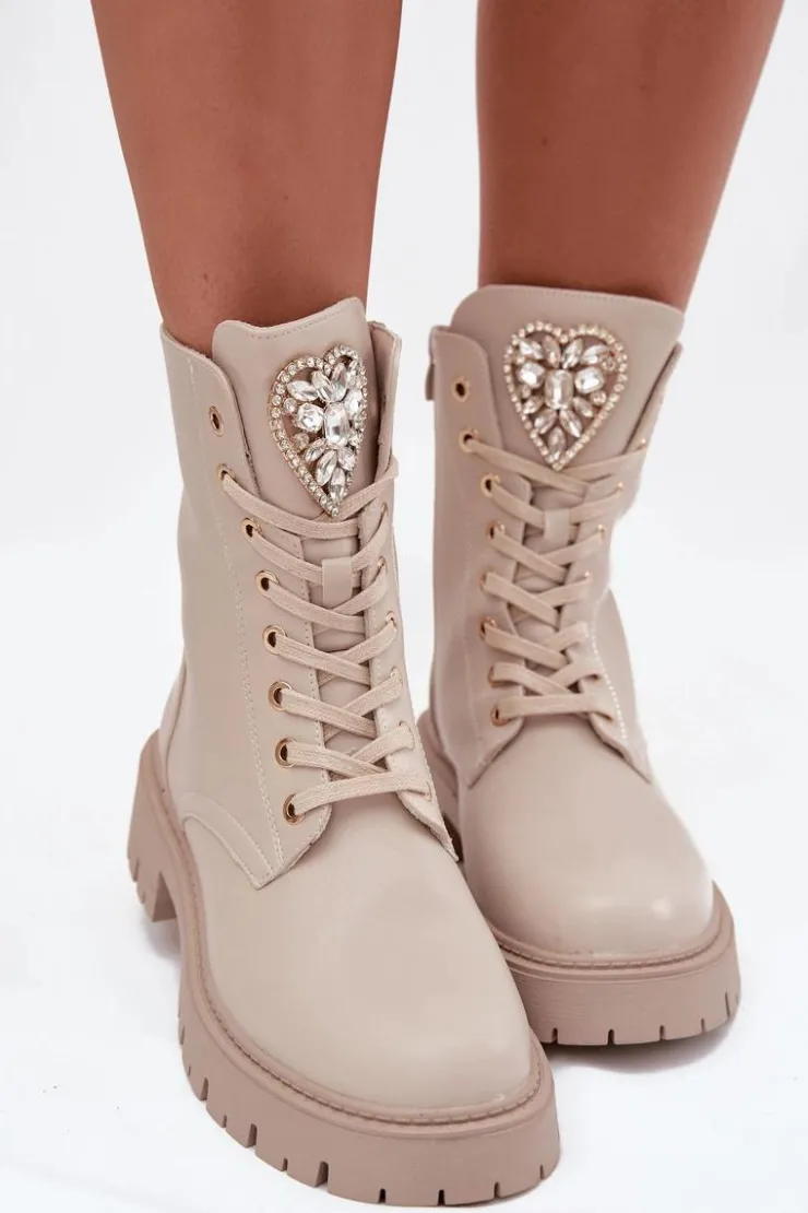 Damskie Boto Botki Workery Damskie Z Kryształkami Na Języku Jasnobeżowe Rosira