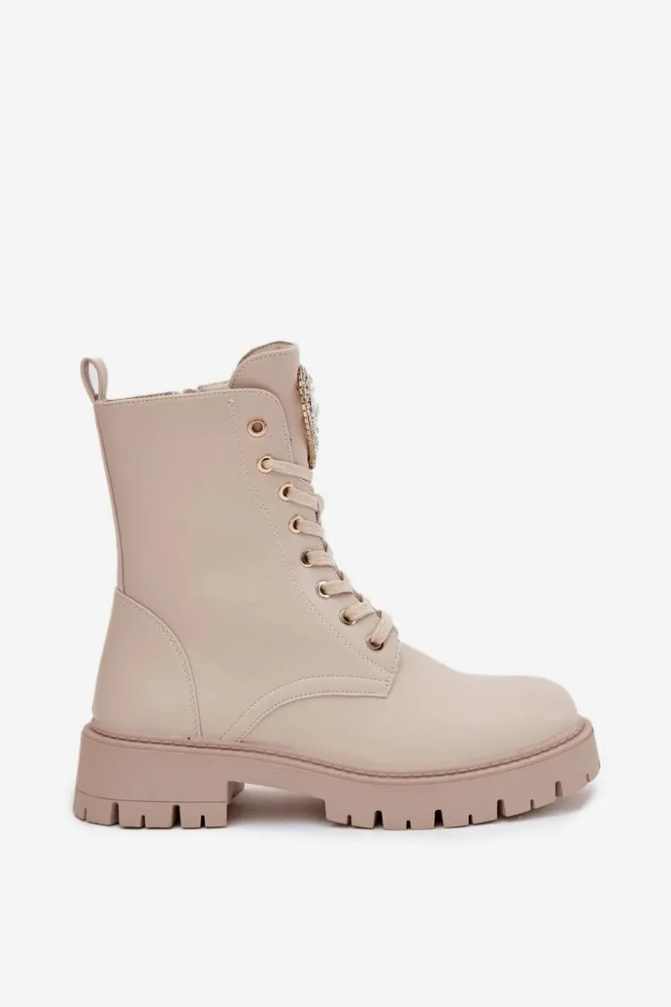 Damskie Boto Botki Workery Damskie Z Kryształkami Na Języku Jasnobeżowe Rosira