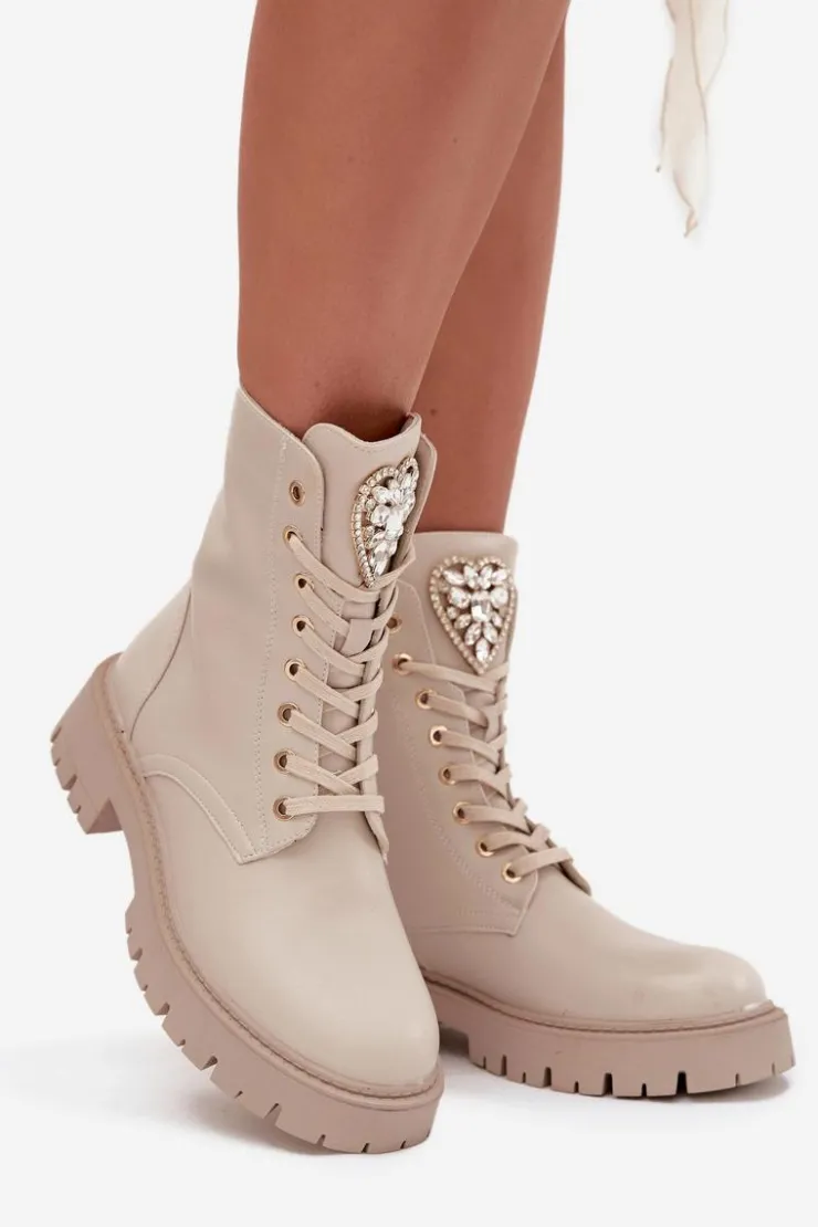 Damskie Boto Botki Workery Damskie Z Kryształkami Na Języku Jasnobeżowe Rosira