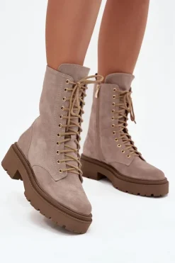 Damskie Zazoo Botki Workery Damskie Z Naturalnego Zamsz Ocieplane 4213 Beżowe