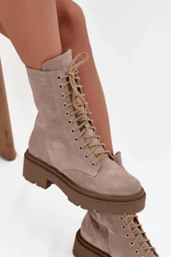 Damskie Zazoo Botki Workery Damskie Z Naturalnego Zamsz Ocieplane 4213 Beżowe