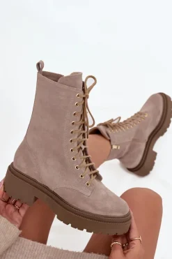 Damskie Zazoo Botki Workery Damskie Z Naturalnego Zamsz Ocieplane 4213 Beżowe