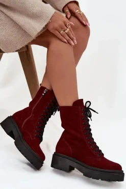 Zazoo Botki Ocieplane|Botki Skórzane*Botki Workery Damskie Z Naturalnego Zamsz Ocieplane 4213 Bordowe Czerwony