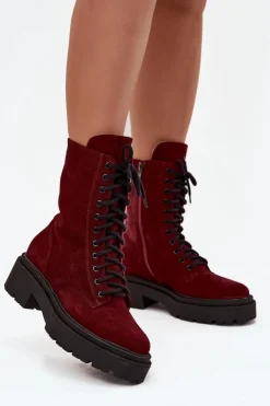 Zazoo Botki Ocieplane|Botki Skórzane*Botki Workery Damskie Z Naturalnego Zamsz Ocieplane 4213 Bordowe Czerwony