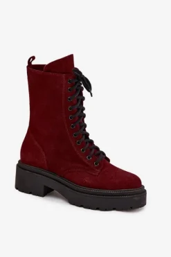 Zazoo Botki Ocieplane|Botki Skórzane*Botki Workery Damskie Z Naturalnego Zamsz Ocieplane 4213 Bordowe Czerwony