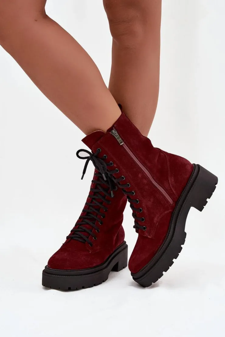 Zazoo Botki Ocieplane|Botki Skórzane*Botki Workery Damskie Z Naturalnego Zamsz Ocieplane 4213 Bordowe Czerwony