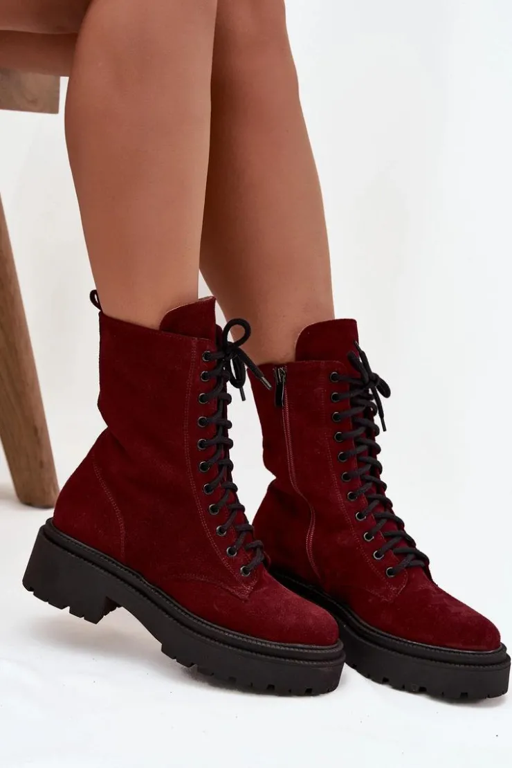Zazoo Botki Ocieplane|Botki Skórzane*Botki Workery Damskie Z Naturalnego Zamsz Ocieplane 4213 Bordowe Czerwony