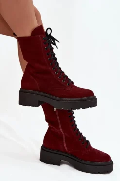 Zazoo Botki Ocieplane|Botki Skórzane*Botki Workery Damskie Z Naturalnego Zamsz Ocieplane 4213 Bordowe Czerwony