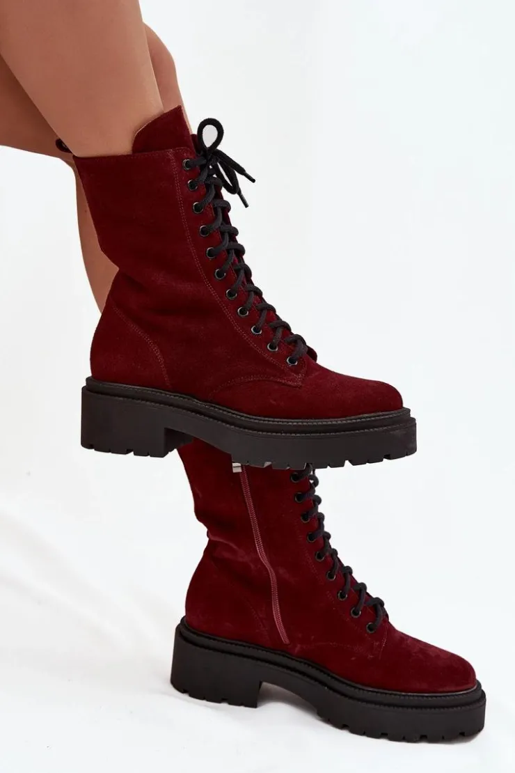 Zazoo Botki Ocieplane|Botki Skórzane*Botki Workery Damskie Z Naturalnego Zamsz Ocieplane 4213 Bordowe Czerwony