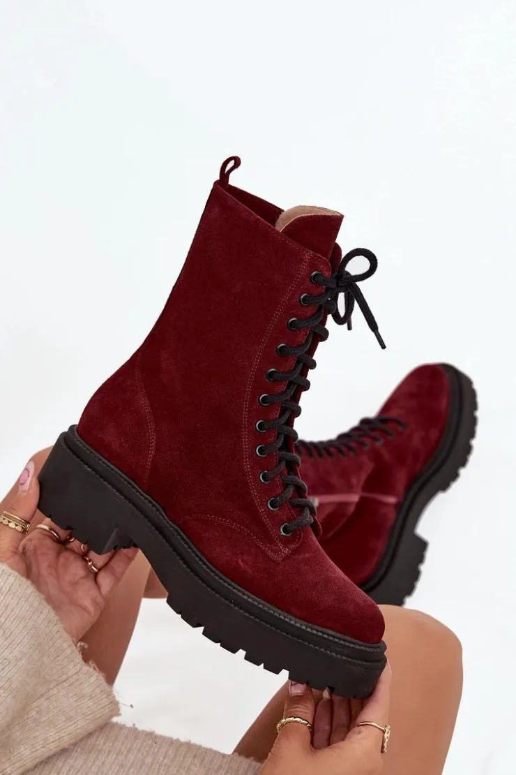 Zazoo Botki Ocieplane|Botki Skórzane*Botki Workery Damskie Z Naturalnego Zamsz Ocieplane 4213 Bordowe Czerwony