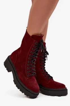Zazoo Botki Ocieplane|Botki Skórzane*Botki Workery Damskie Z Naturalnego Zamsz Ocieplane 4213 Bordowe Czerwony