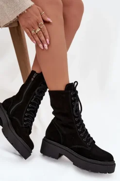 Clearance Zazoo Botki Workery Damskie Z Naturalnego Zamsz Ocieplane 4213 Czarne Czarny