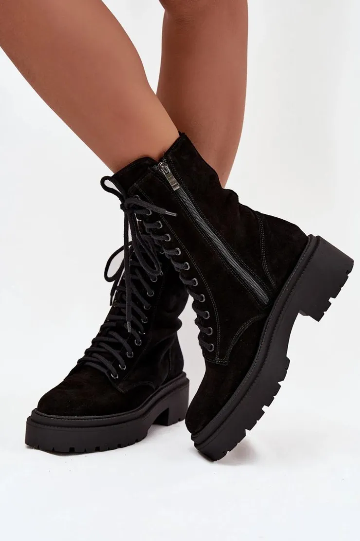 Clearance Zazoo Botki Workery Damskie Z Naturalnego Zamsz Ocieplane 4213 Czarne Czarny