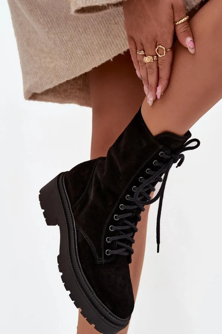 Clearance Zazoo Botki Workery Damskie Z Naturalnego Zamsz Ocieplane 4213 Czarne Czarny