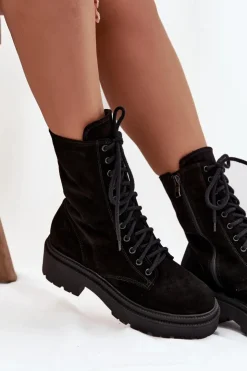 Clearance Zazoo Botki Workery Damskie Z Naturalnego Zamsz Ocieplane 4213 Czarne Czarny