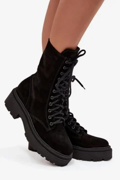 Clearance Zazoo Botki Workery Damskie Z Naturalnego Zamsz Ocieplane 4213 Czarne Czarny