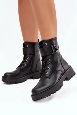 Discount Boto Botki Workery Damskie Z Ocieplane Z Ozdobnym Paskiem Czarne Ulivine