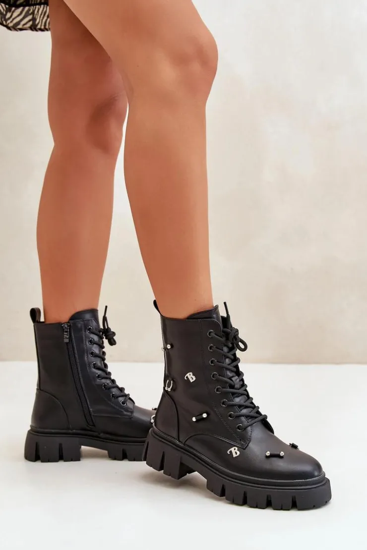 Boto Czarne Botki|Botki Płaskie*Botki Workery Damskie Z Ozdobami Eko Skórzane Czarne Cadenilla